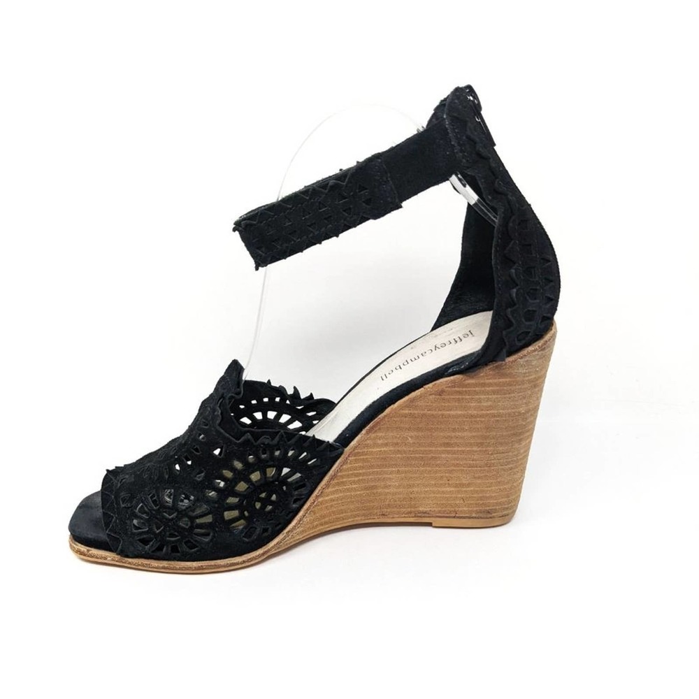 Jeffrey Campbell Womens 10 Del Sol Black Ankle Strap Open Toe Wedge Wood Sandals - Picture 4 of 11